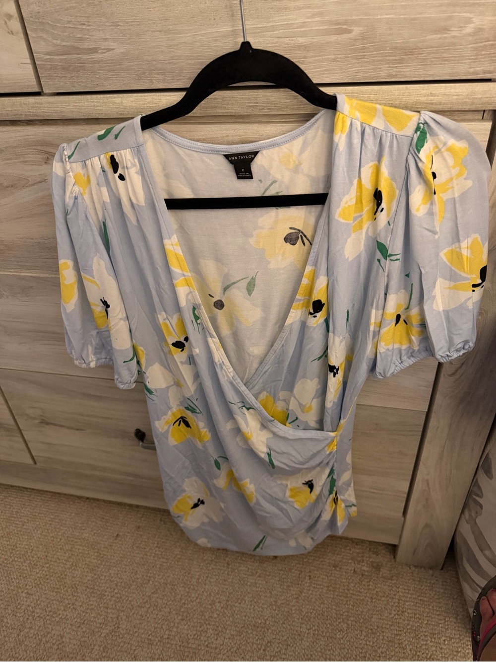 Ann Taylor Light Blue Floral Wrap Blouse with Yellow Blossoms